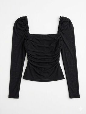 SHEIN Romantic Goth Ruched Mesh Long Sleeve Puff Blouse Black Whimsigoth Sz L